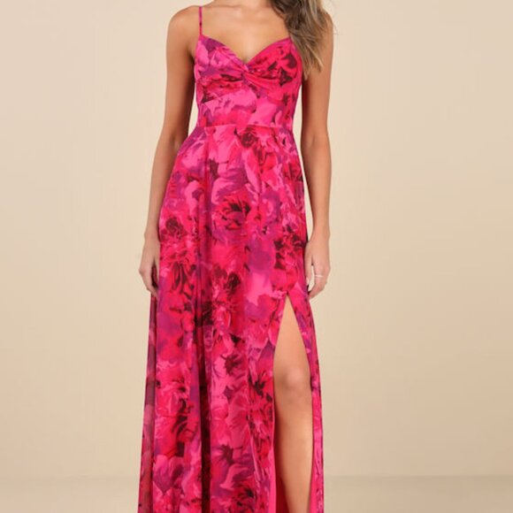 Lulus Beautiful Soul Fuchsia Floral Print Twist-front Maxi Dress Pink - Size M - Picture 1 of 1